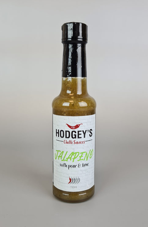 A bottle of Hodgey's Jalapeño with Pear & Lime Chilli Sauce
