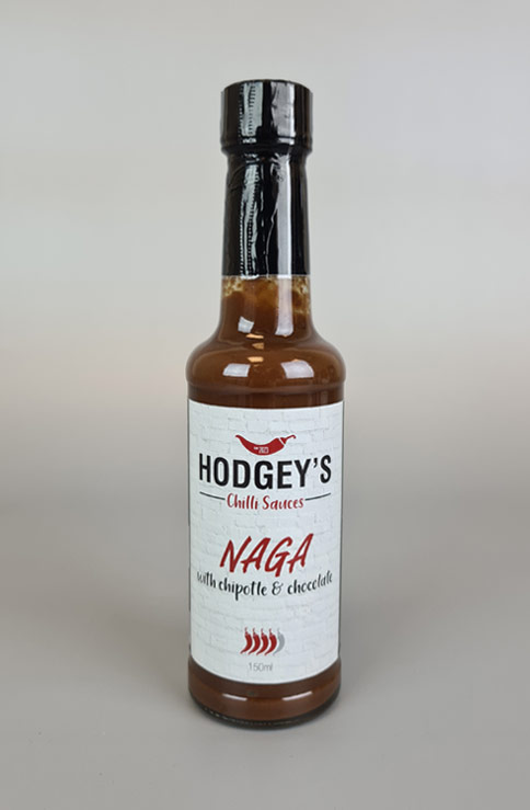 A bottle of Hodgey's Naga Chipotle & Chocolate Chilli Sauce